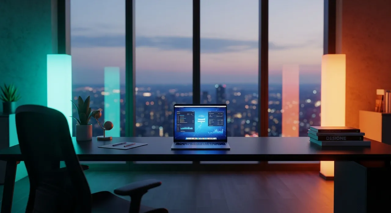 Modern entrepreneur workspace with teal and orange ambient lighting at dusk
